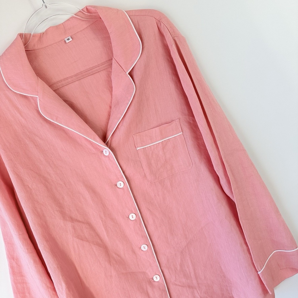 Piglet in‎ Bed Linen Pajama Top Womens M Pink Button Front Piped Trim $89